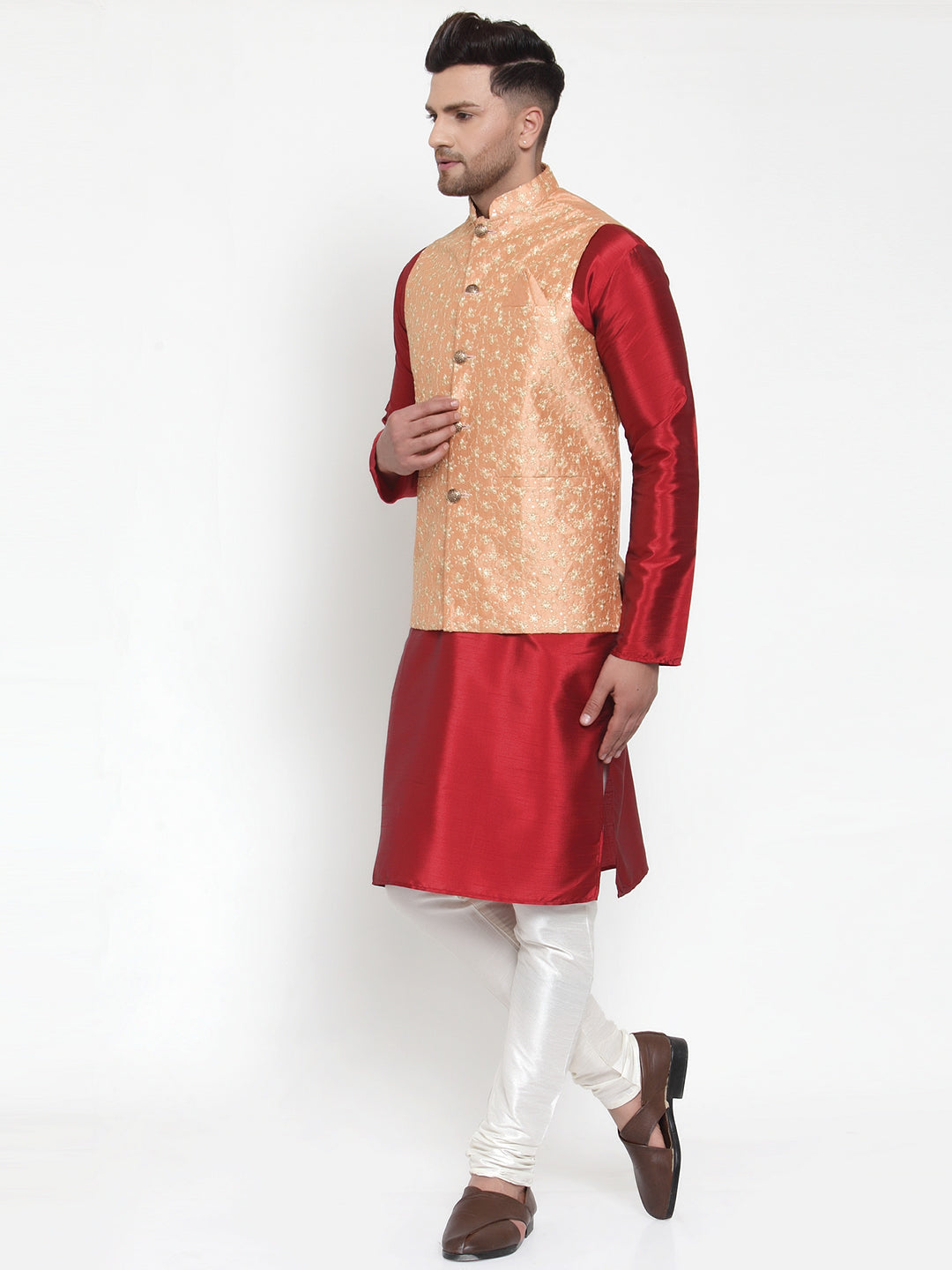 Jompers Men's Solid Dupion Kurta Pajama with Embroidered Nehru Jacket (Peach) | Grocsy
