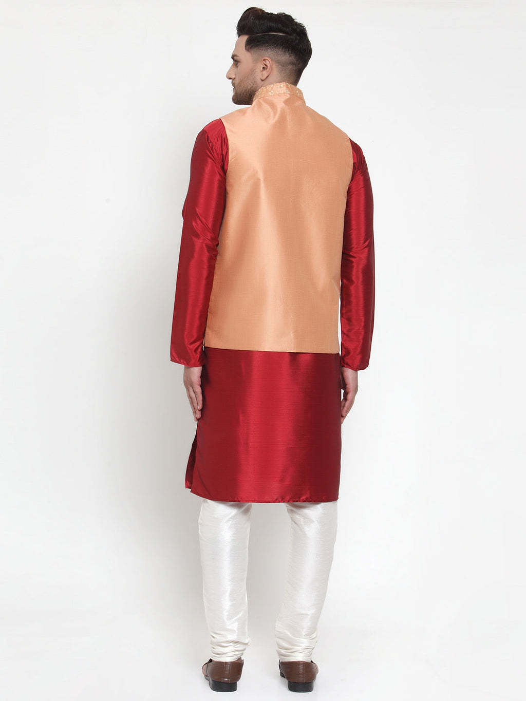 Jompers Men's Solid Dupion Kurta Pajama with Embroidered Nehru Jacket (Peach) | Grocsy