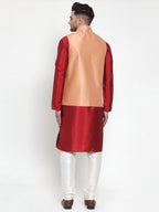 Jompers Men's Solid Dupion Kurta Pajama with Embroidered Nehru Jacket (Peach) | Grocsy