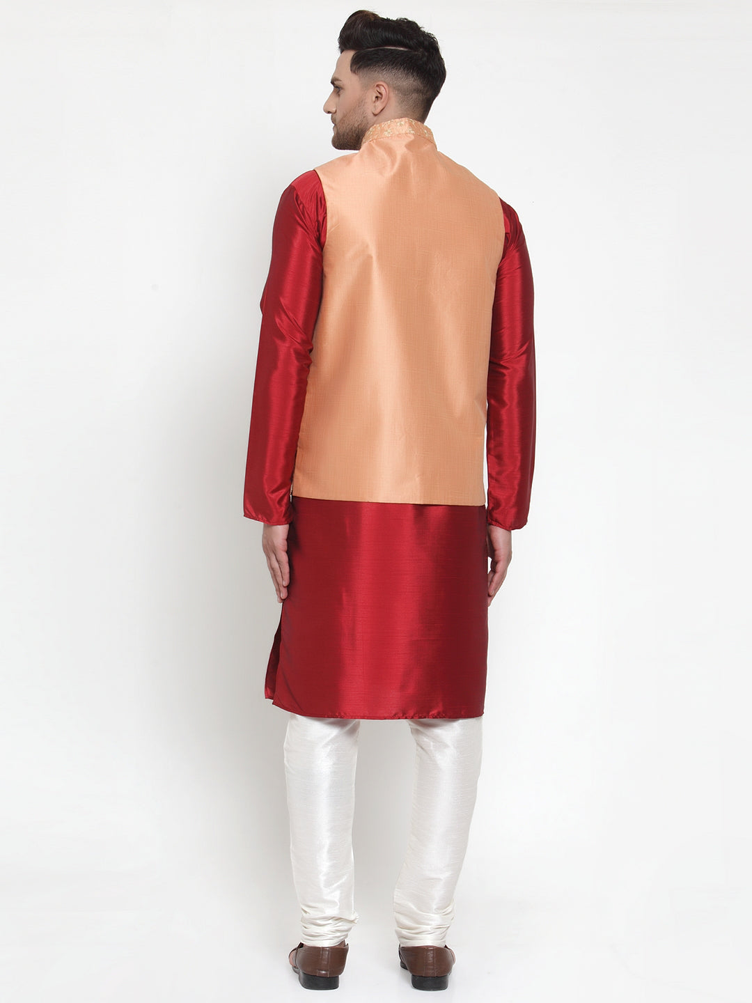 Jompers Men's Solid Dupion Kurta Pajama with Embroidered Nehru Jacket (Peach) | Grocsy