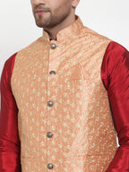 Jompers Men's Solid Dupion Kurta Pajama with Embroidered Nehru Jacket (Peach) | Grocsy