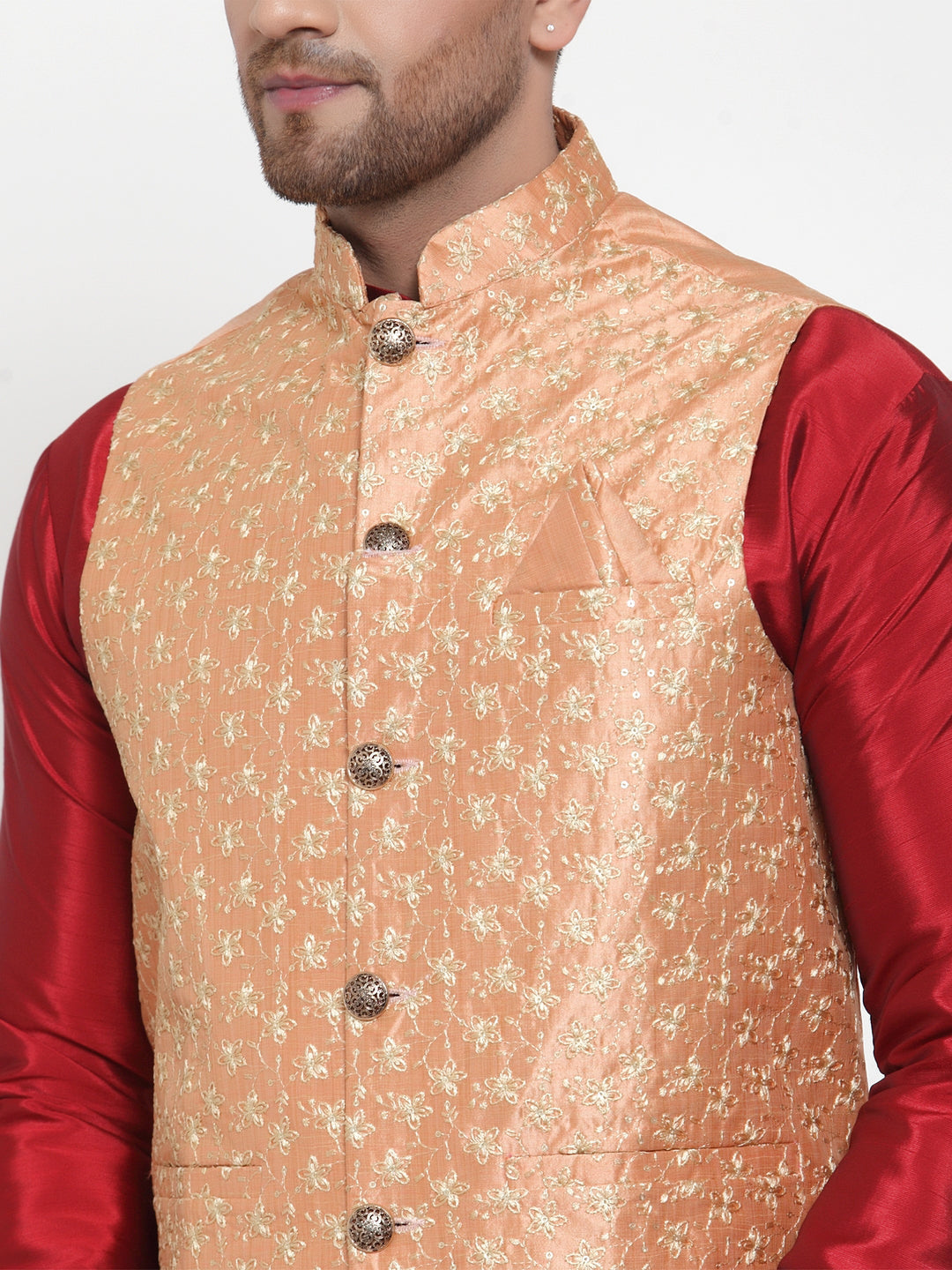 Jompers Men's Solid Dupion Kurta Pajama with Embroidered Nehru Jacket (Peach) | Grocsy