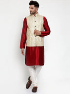 Jompers Men's Solid Dupion Kurta Pajama with Embroidered Cream Nehru Jacket | Grocsy