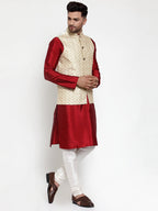 Jompers Men's Solid Dupion Kurta Pajama with Embroidered Cream Nehru Jacket | Grocsy