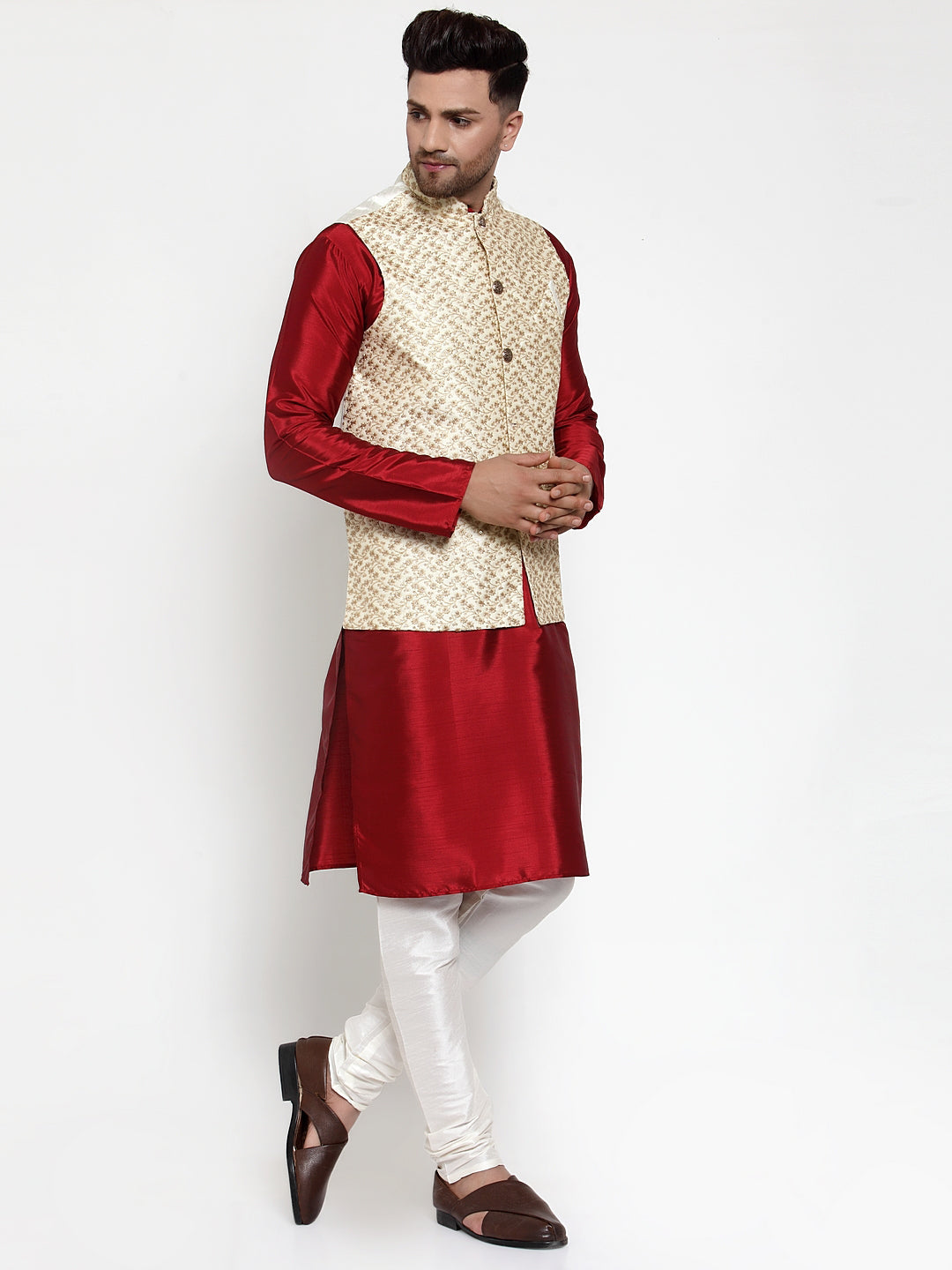 Jompers Men's Solid Dupion Kurta Pajama with Embroidered Cream Nehru Jacket | Grocsy