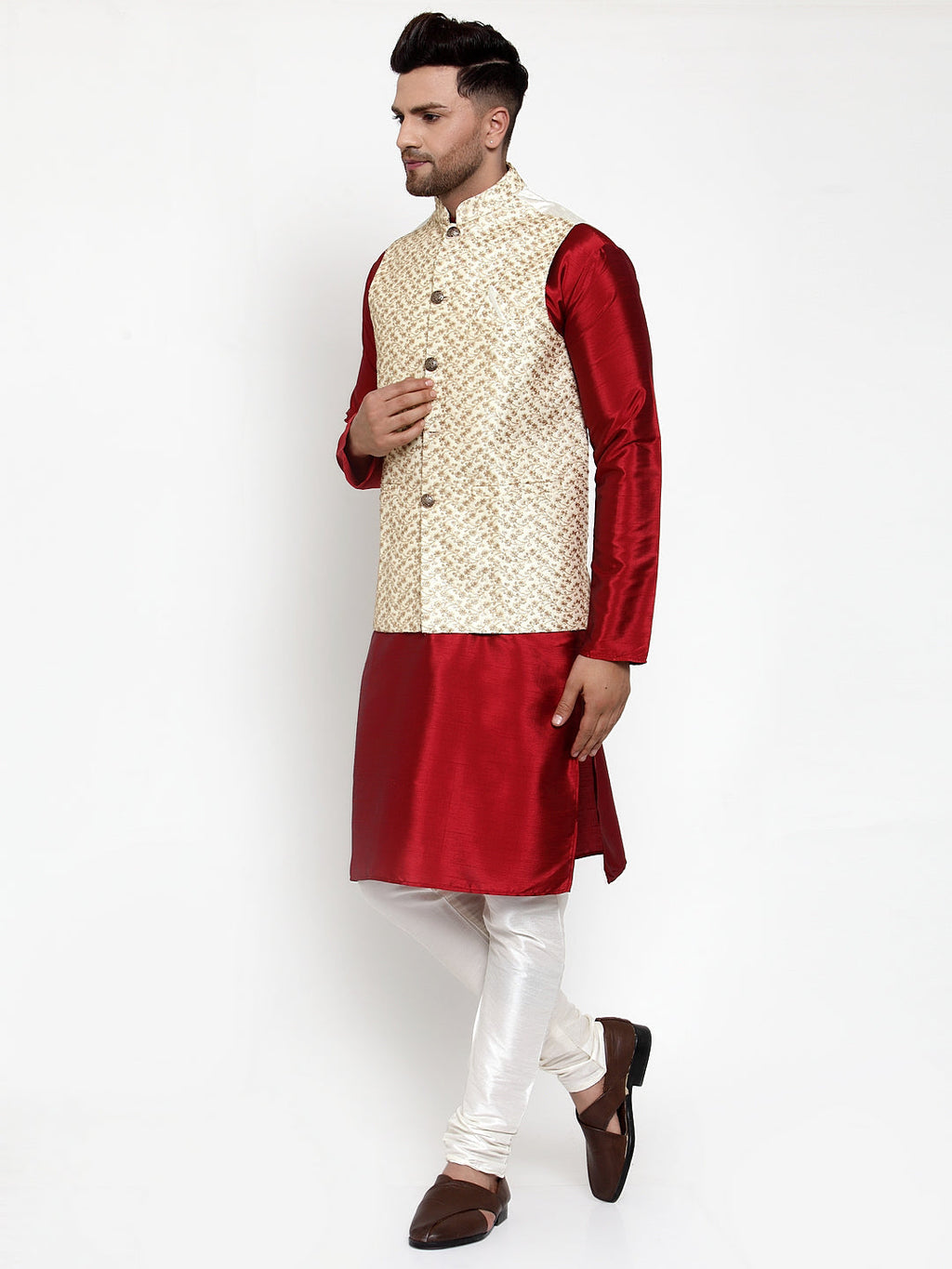 Jompers Men's Solid Dupion Kurta Pajama with Embroidered Cream Nehru Jacket | Grocsy
