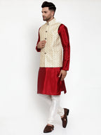 Jompers Men's Solid Dupion Kurta Pajama with Embroidered Cream Nehru Jacket | Grocsy