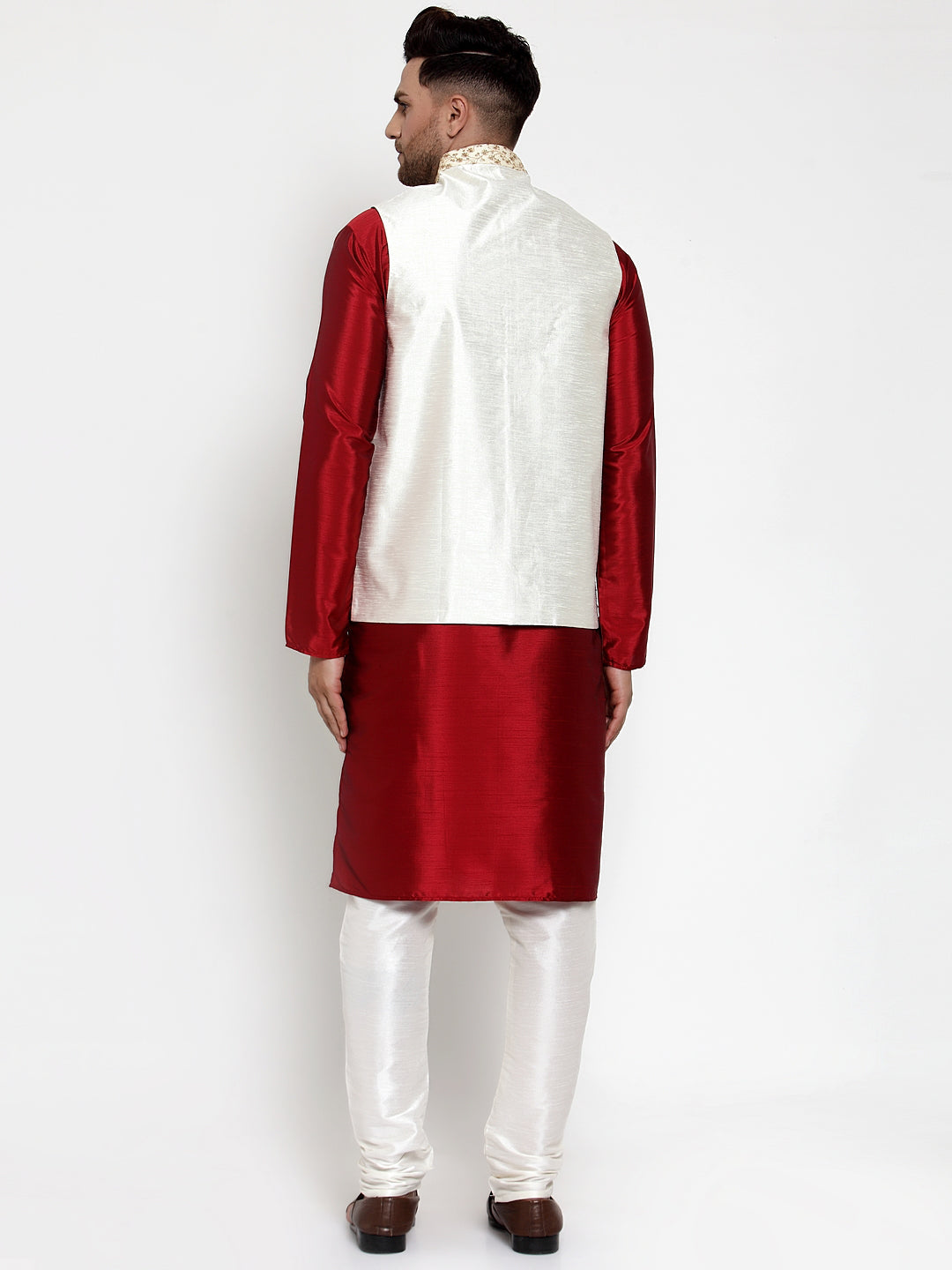 Jompers Men's Solid Dupion Kurta Pajama with Embroidered Cream Nehru Jacket | Grocsy