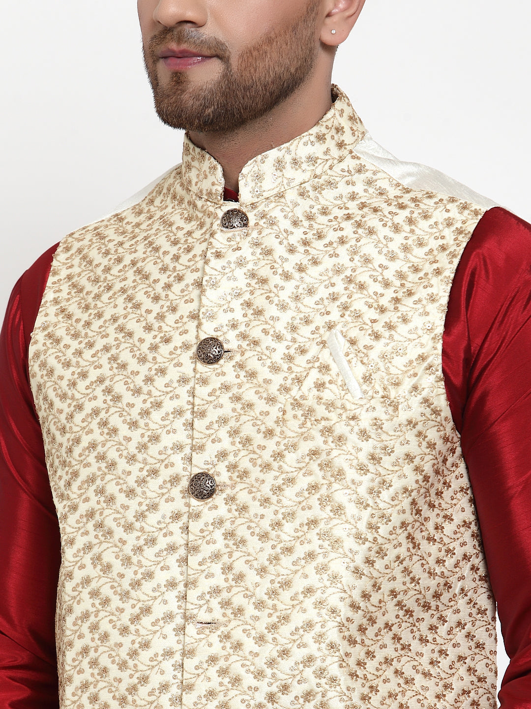 Jompers Men's Solid Dupion Kurta Pajama with Embroidered Cream Nehru Jacket | Grocsy