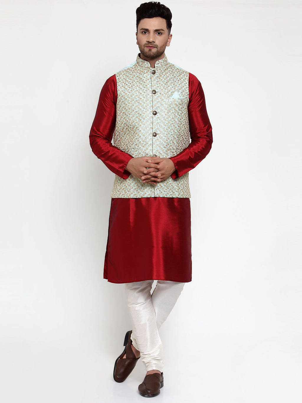 Jompers Men's Solid Dupion Kurta Pajama with Embroidered Nehru Jacket (Sky) | Grocsy