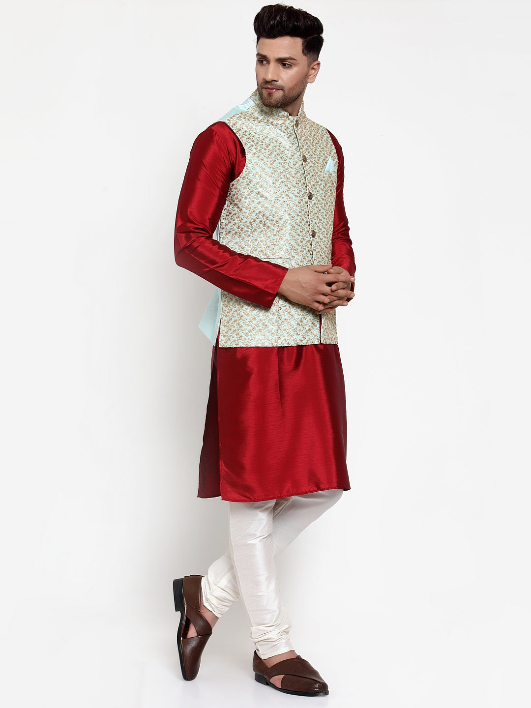 Jompers Men's Solid Dupion Kurta Pajama with Embroidered Nehru Jacket (Sky) | Grocsy