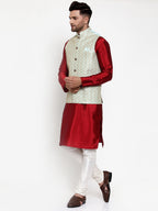 Jompers Men's Solid Dupion Kurta Pajama with Embroidered Nehru Jacket (Sky) | Grocsy