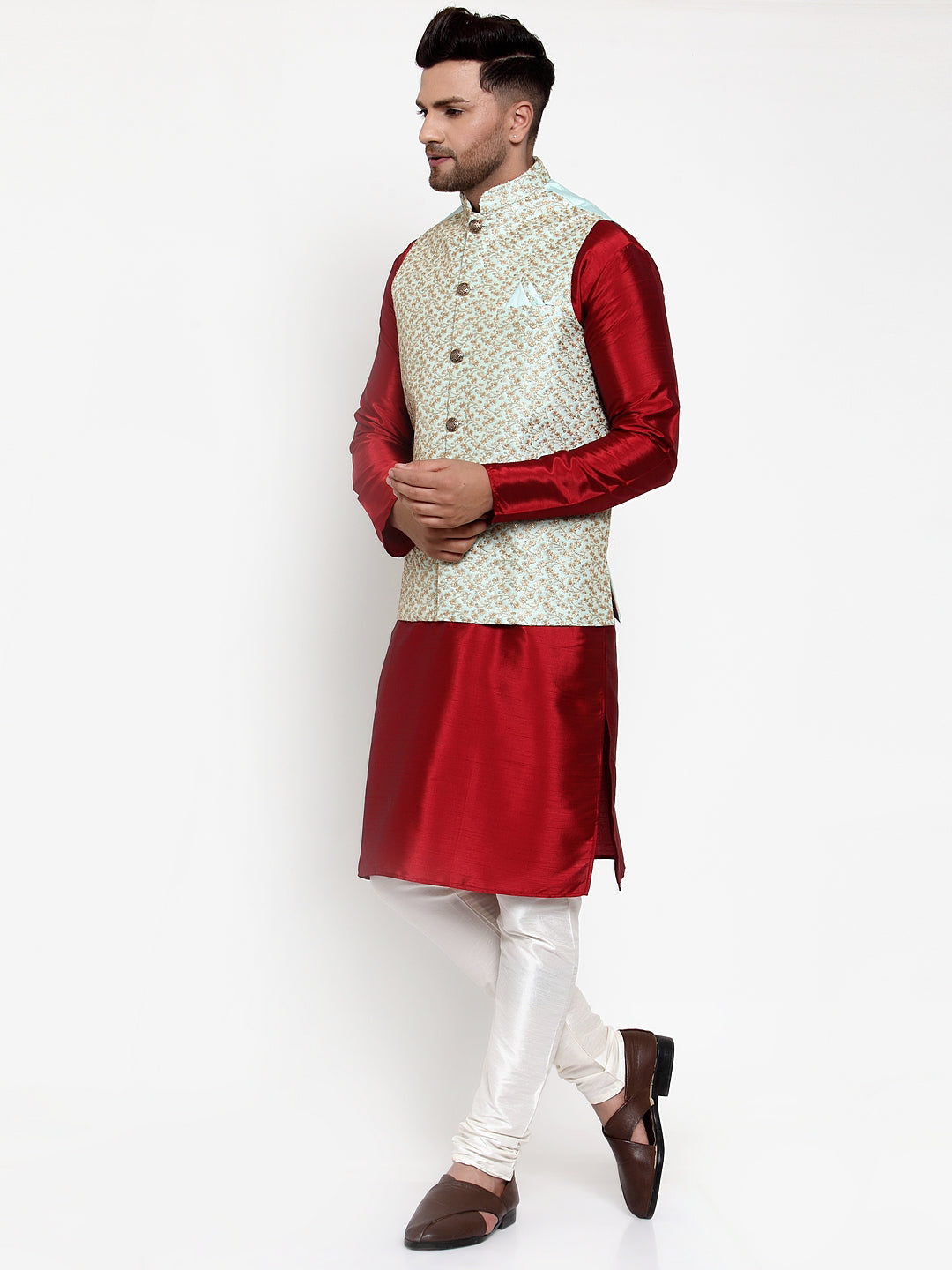 Jompers Men's Solid Dupion Kurta Pajama with Embroidered Nehru Jacket (Sky) | Grocsy