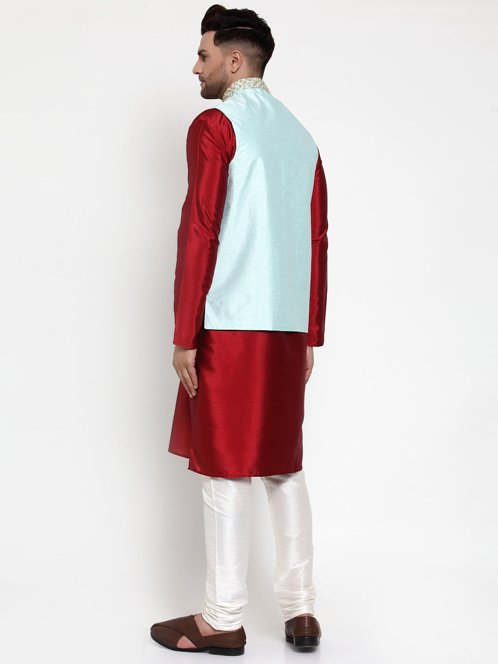 Jompers Men's Solid Dupion Kurta Pajama with Embroidered Nehru Jacket (Sky) | Grocsy