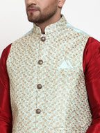 Jompers Men's Solid Dupion Kurta Pajama with Embroidered Nehru Jacket (Sky) | Grocsy