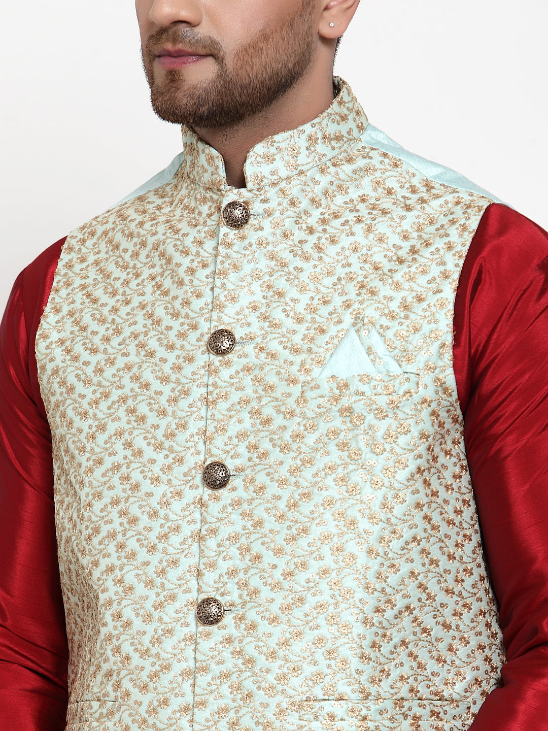 Jompers Men's Solid Dupion Kurta Pajama with Embroidered Nehru Jacket (Sky) | Grocsy