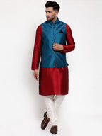 Jompers Men's Solid Dupion Kurta Pajama with Woven Nehru Jacket (Blue & Maroon) | Grocsy