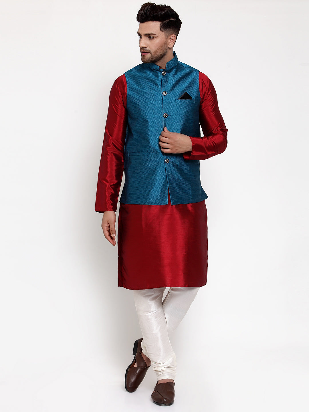 Jompers Men's Solid Dupion Kurta Pajama with Woven Nehru Jacket (Blue & Maroon) | Grocsy