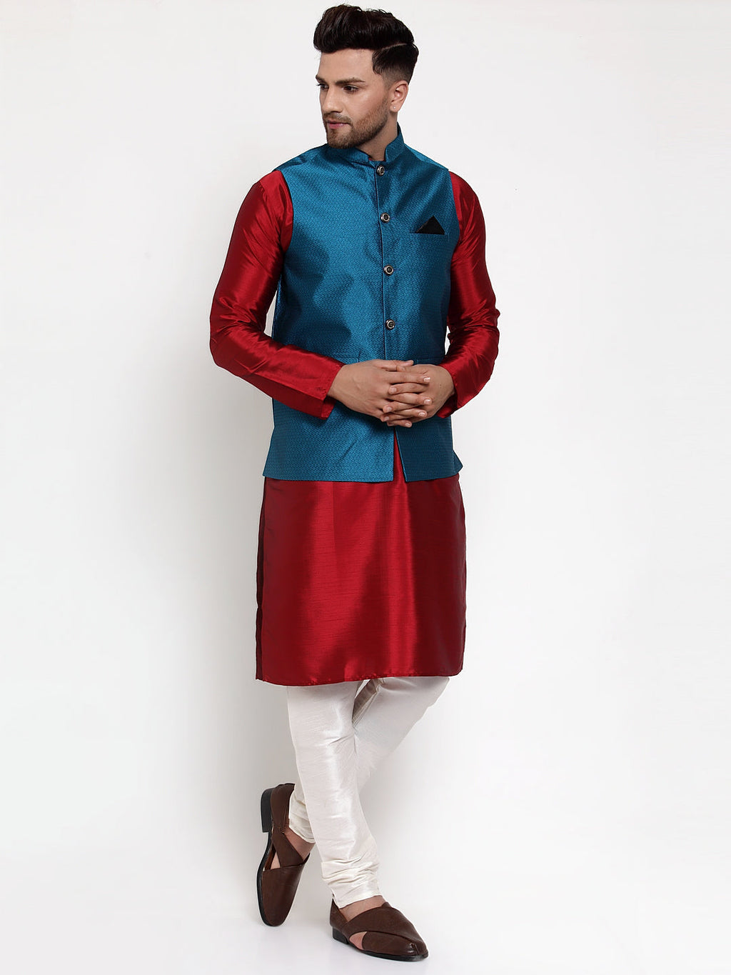 Jompers Men's Solid Dupion Kurta Pajama with Woven Nehru Jacket (Blue & Maroon) | Grocsy