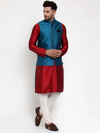 Jompers Men's Solid Dupion Kurta Pajama with Woven Nehru Jacket (Blue & Maroon) | Grocsy