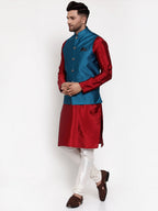 Jompers Men's Solid Dupion Kurta Pajama with Woven Nehru Jacket (Blue & Maroon) | Grocsy