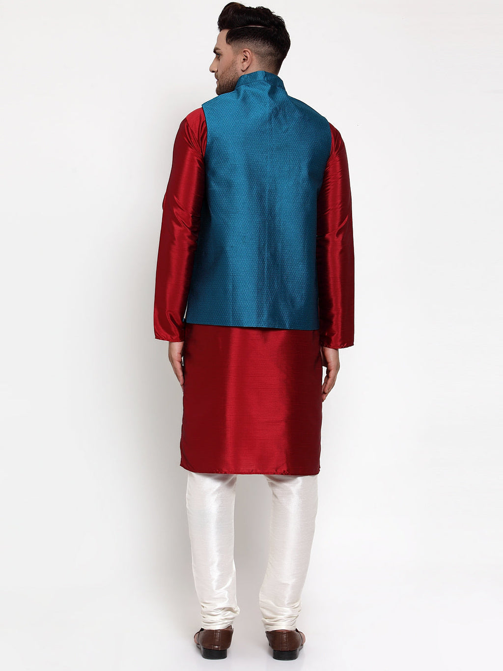 Jompers Men's Solid Dupion Kurta Pajama with Woven Nehru Jacket (Blue & Maroon) | Grocsy