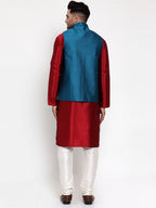 Jompers Men's Solid Dupion Kurta Pajama with Woven Nehru Jacket (Blue & Maroon) | Grocsy