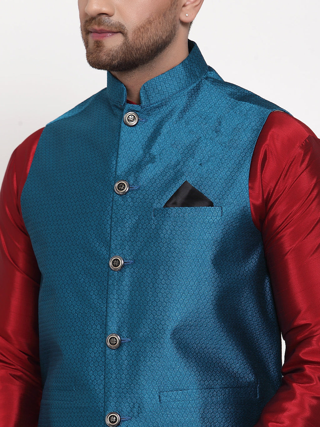 Jompers Men's Solid Dupion Kurta Pajama with Woven Nehru Jacket (Blue & Maroon) | Grocsy