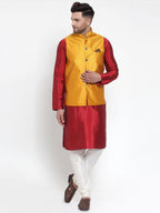 Jompers Men's Solid Dupion Kurta Pajama with Woven Nehru Jacket (Yellow) | Grocsy
