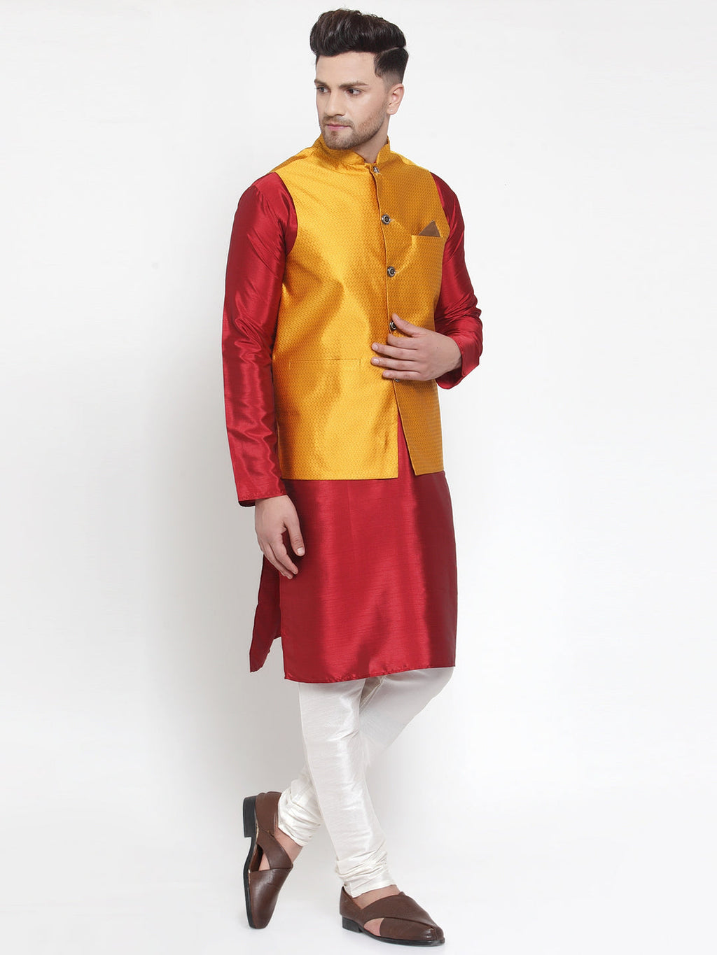 Jompers Men's Solid Dupion Kurta Pajama with Woven Nehru Jacket (Yellow) | Grocsy