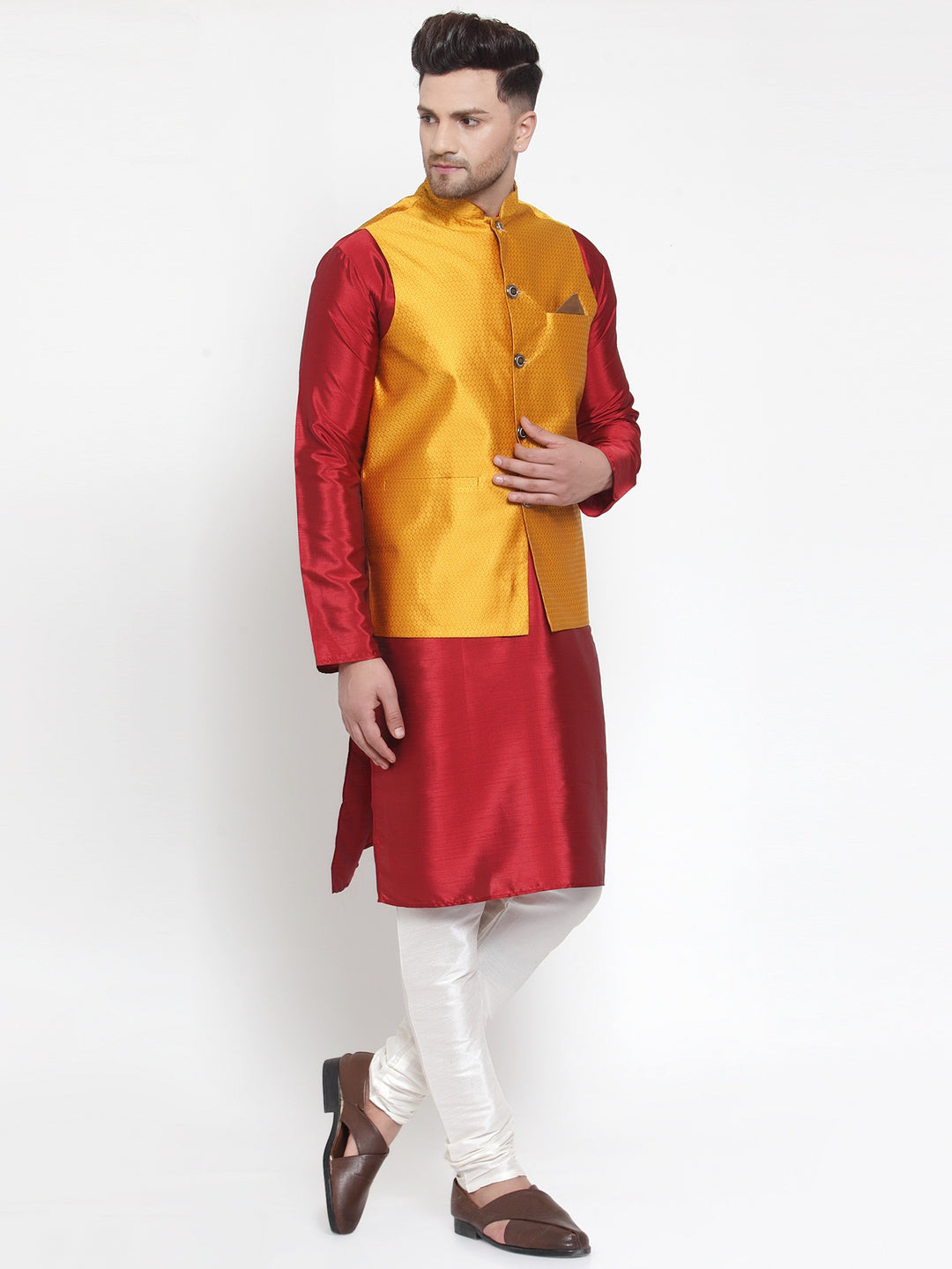 Jompers Men's Solid Dupion Kurta Pajama with Woven Nehru Jacket (Yellow) | Grocsy