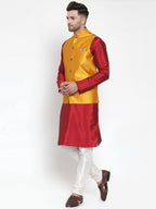 Jompers Men's Solid Dupion Kurta Pajama with Woven Nehru Jacket (Yellow) | Grocsy