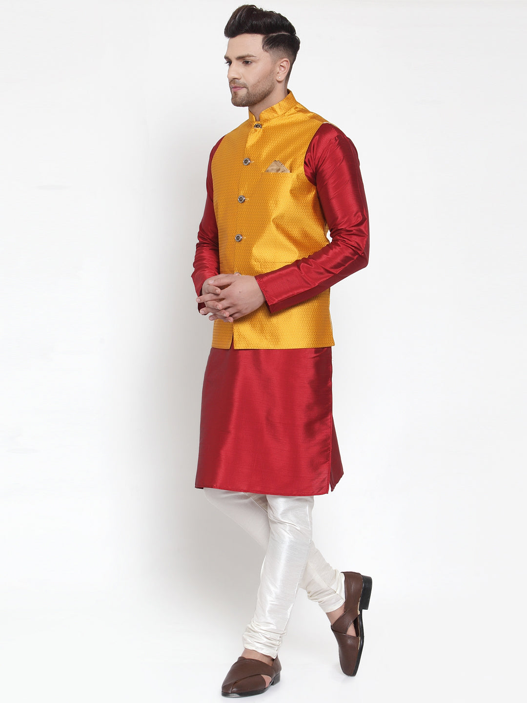 Jompers Men's Solid Dupion Kurta Pajama with Woven Nehru Jacket (Yellow) | Grocsy