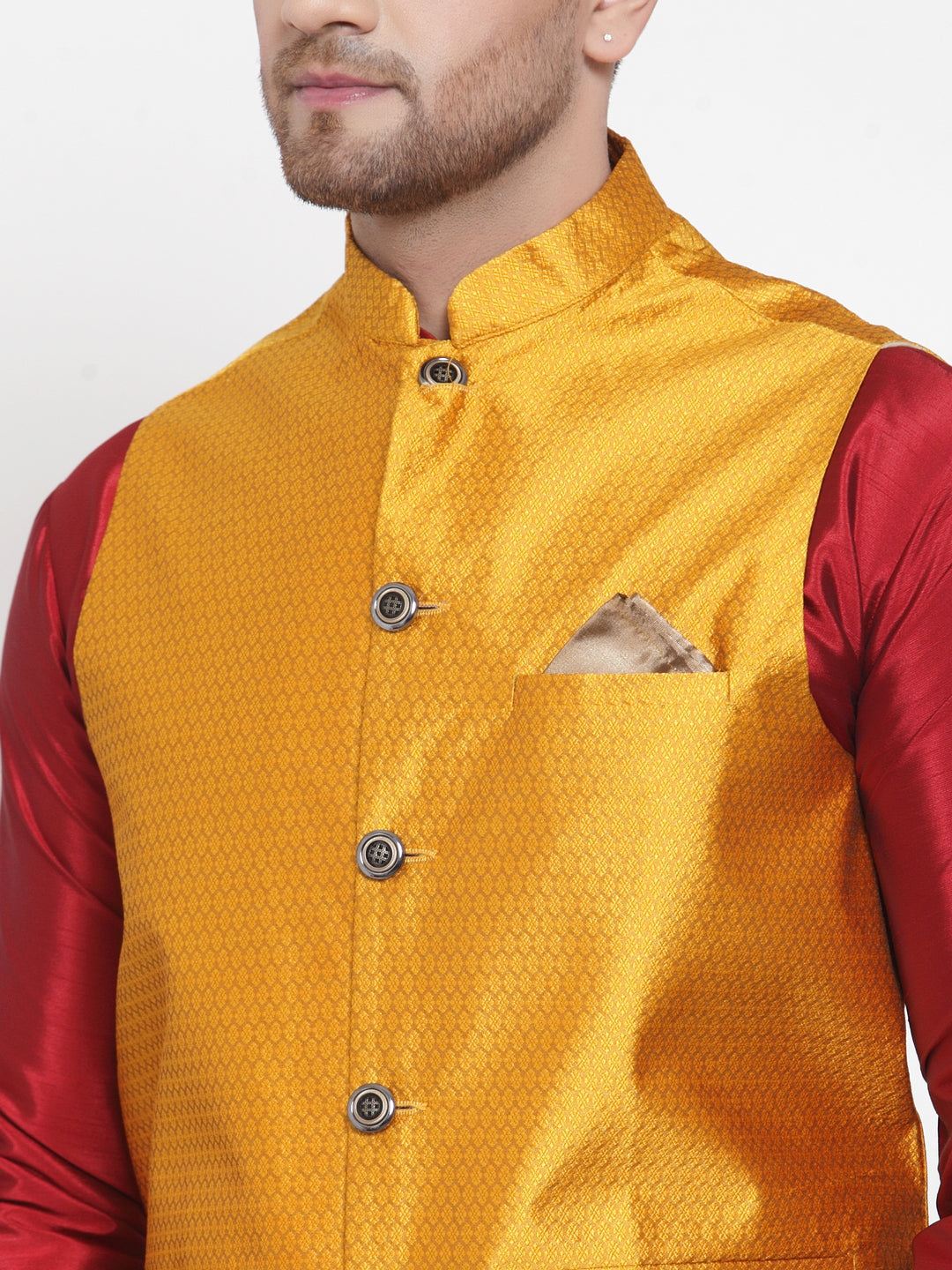 Jompers Men's Solid Dupion Kurta Pajama with Woven Nehru Jacket (Yellow) | Grocsy