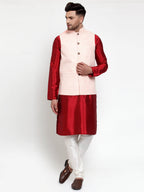Jompers Men's Solid Dupion Kurta Pajama with Embroidered Pink Nehru Jacket | Grocsy