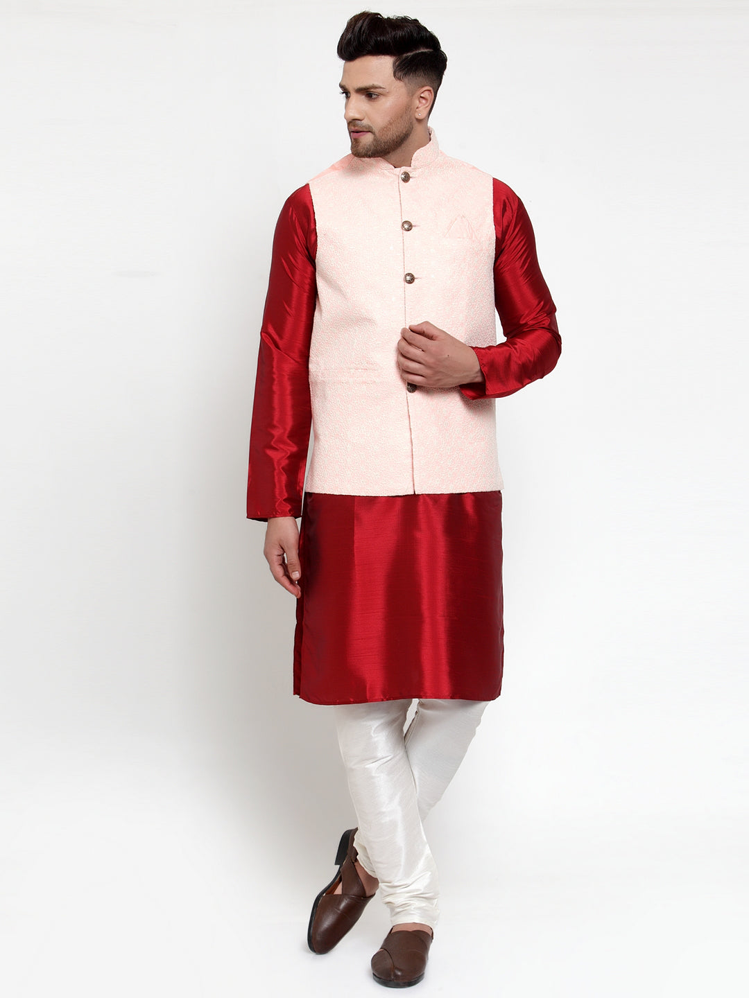 Jompers Men's Solid Dupion Kurta Pajama with Embroidered Pink Nehru Jacket | Grocsy