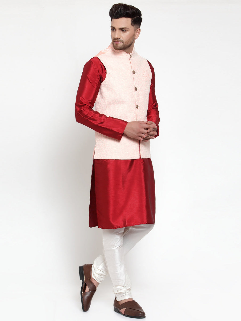 Jompers Men's Solid Dupion Kurta Pajama with Embroidered Pink Nehru Jacket | Grocsy
