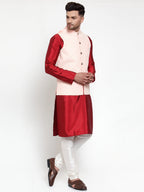Jompers Men's Solid Dupion Kurta Pajama with Embroidered Pink Nehru Jacket | Grocsy