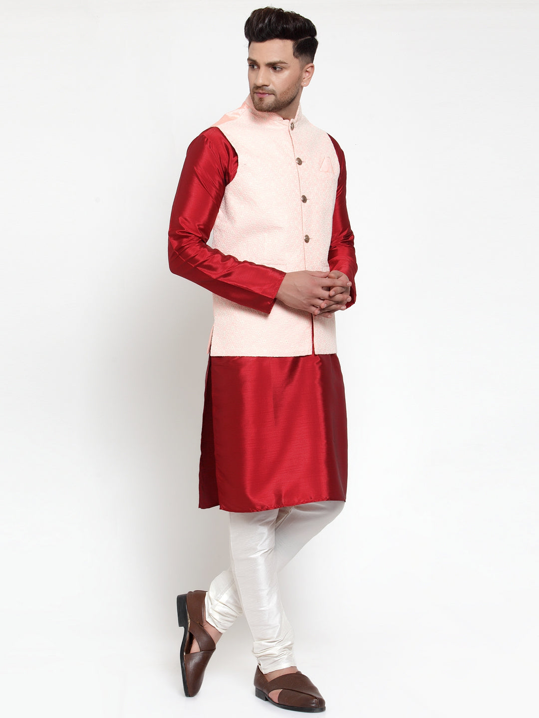 Jompers Men's Solid Dupion Kurta Pajama with Embroidered Pink Nehru Jacket | Grocsy