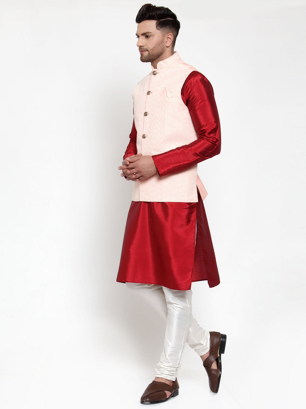 Jompers Men's Solid Dupion Kurta Pajama with Embroidered Pink Nehru Jacket | Grocsy