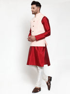 Jompers Men's Solid Dupion Kurta Pajama with Embroidered Pink Nehru Jacket | Grocsy
