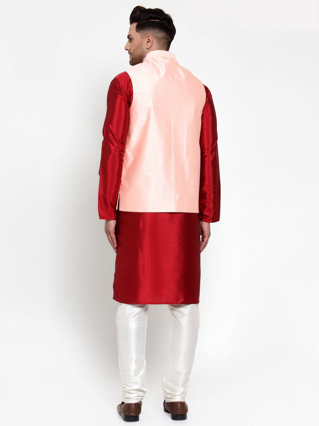 Jompers Men's Solid Dupion Kurta Pajama with Embroidered Pink Nehru Jacket | Grocsy