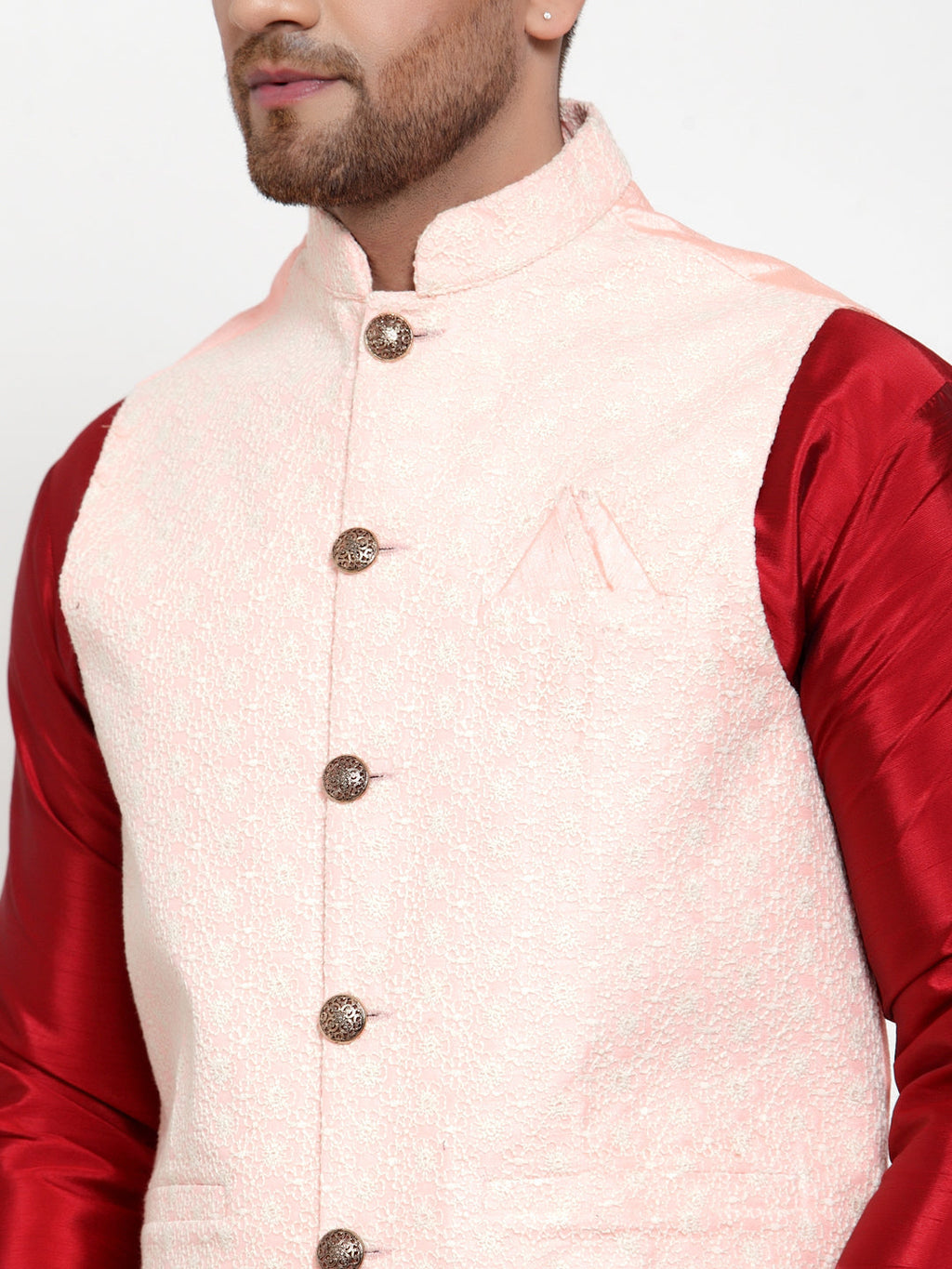 Jompers Men's Solid Dupion Kurta Pajama with Embroidered Pink Nehru Jacket | Grocsy