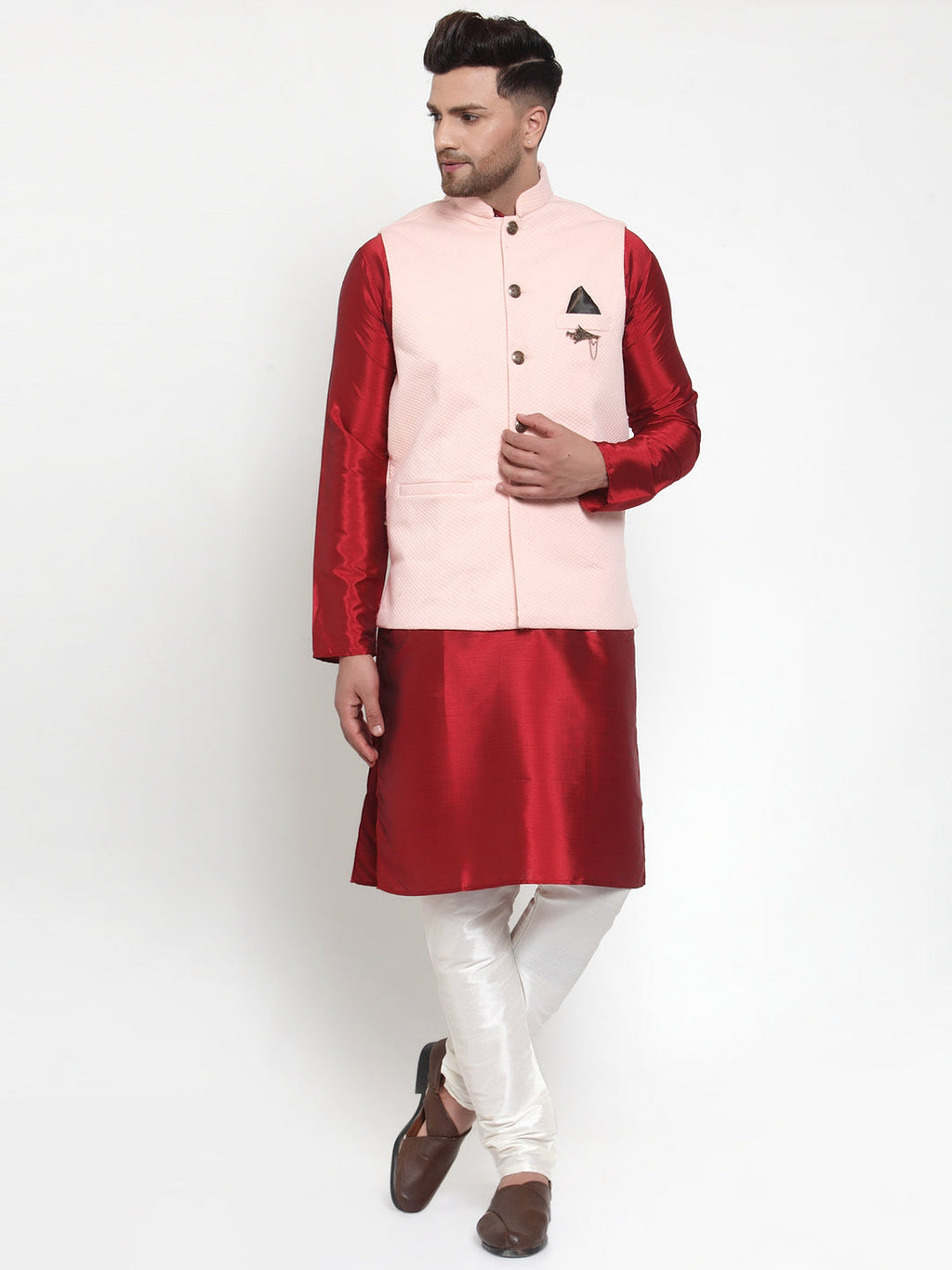 Jompers Men's Solid Dupion Kurta Pajama with Woven Nehru Jacket (Peach) | Grocsy