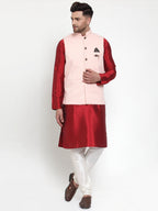 Jompers Men's Solid Dupion Kurta Pajama with Woven Nehru Jacket (Peach) | Grocsy