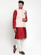 Jompers Men's Solid Dupion Kurta Pajama with Woven Nehru Jacket (Peach) | Grocsy