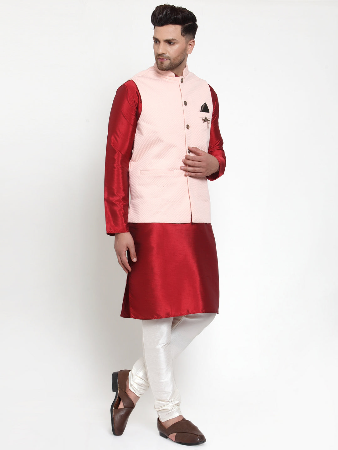 Jompers Men's Solid Dupion Kurta Pajama with Woven Nehru Jacket (Peach) | Grocsy