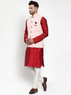 Jompers Men's Solid Dupion Kurta Pajama with Woven Nehru Jacket (Peach) | Grocsy