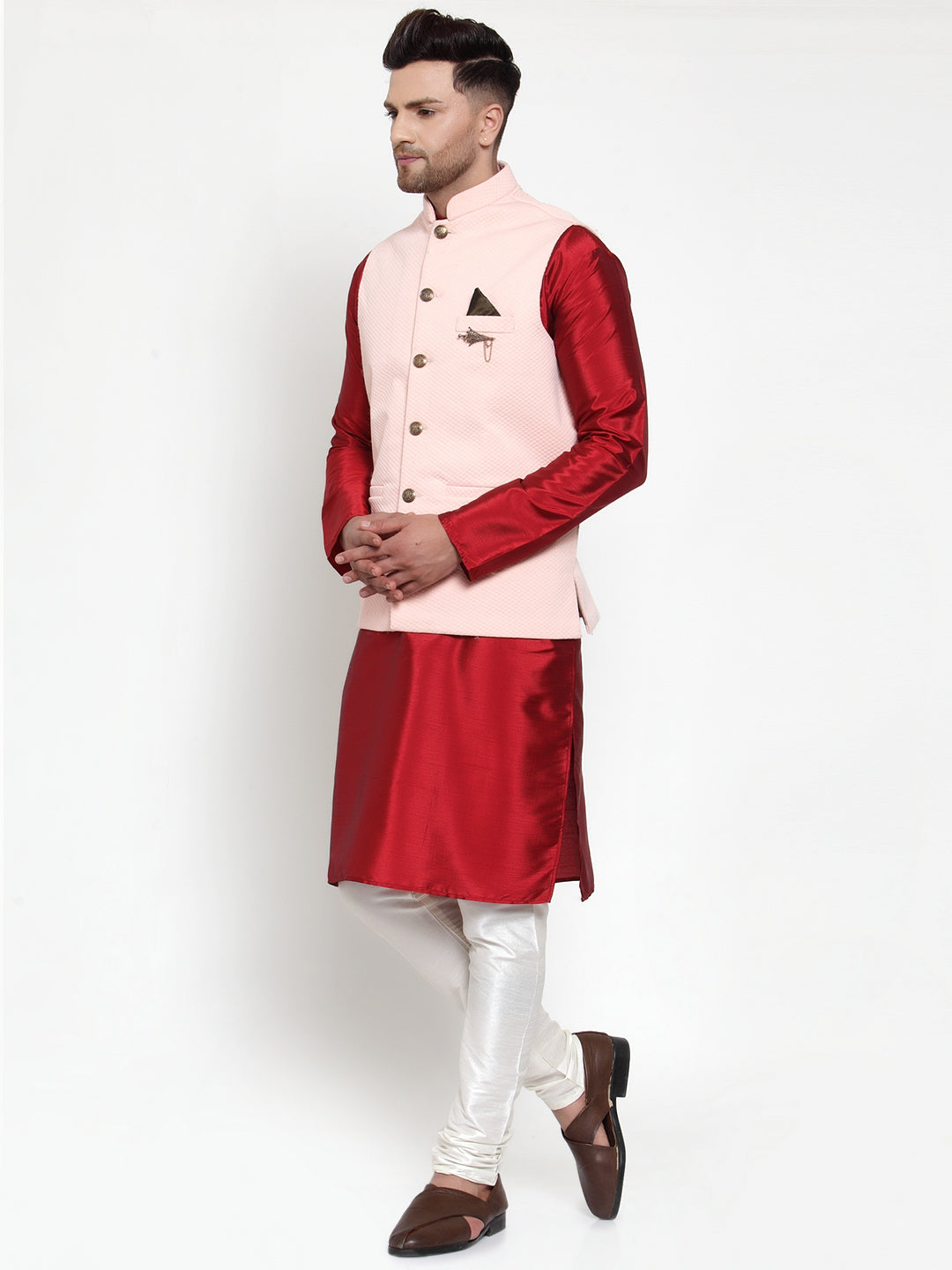 Jompers Men's Solid Dupion Kurta Pajama with Woven Nehru Jacket (Peach) | Grocsy