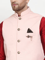Jompers Men's Solid Dupion Kurta Pajama with Woven Nehru Jacket (Peach) | Grocsy